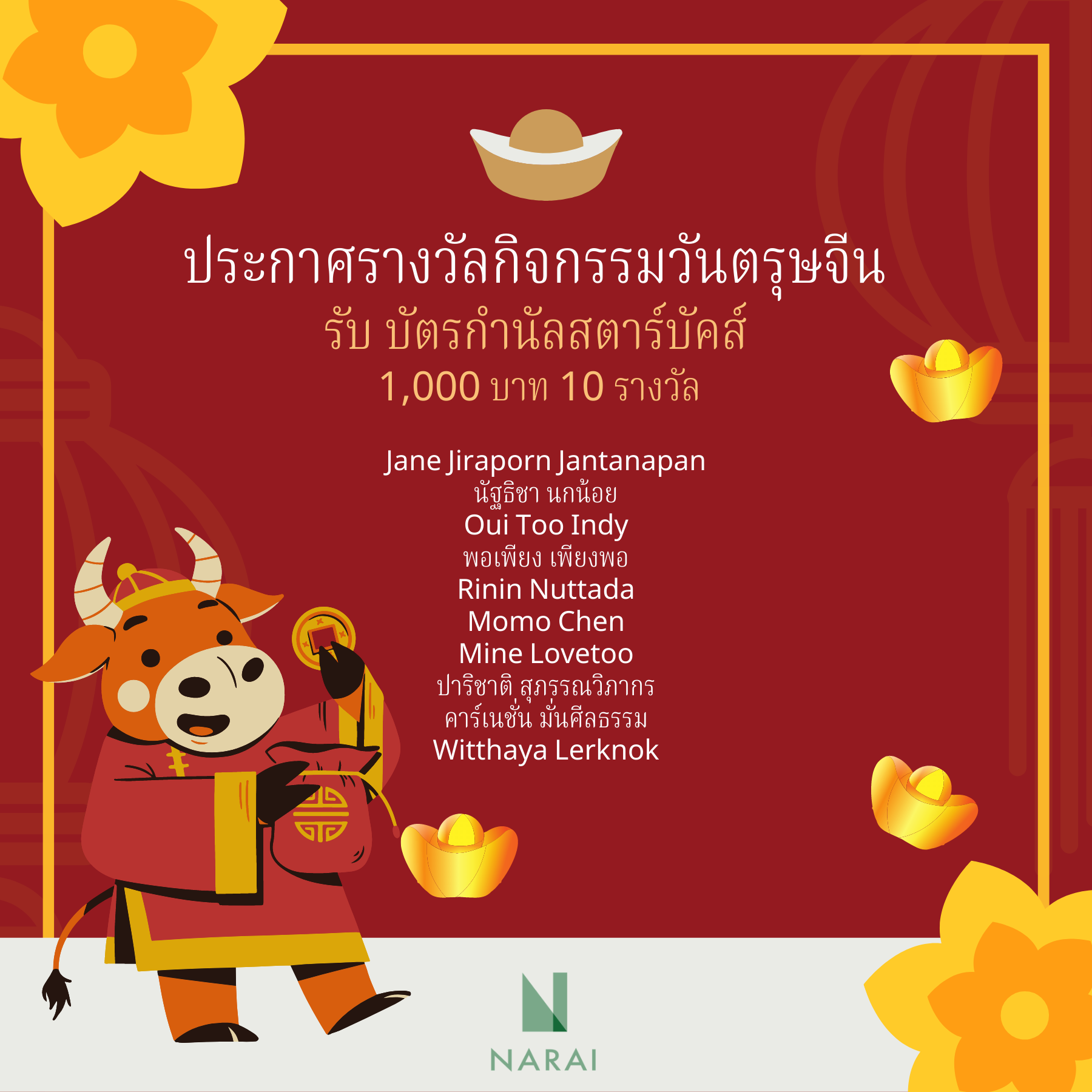 ประกาศผลการสุ่มรายชื่อผู้โชคดีจากกิจกรรมวันตรุษจีน